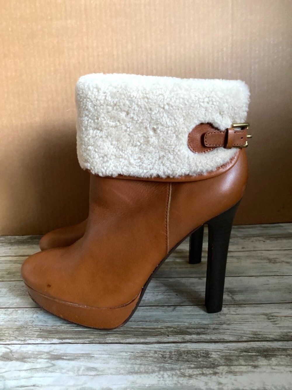 Coach Apple A7019 Leather Shearling Platform Ankle Boots Tan Size 11B - Picture 2 of 14
